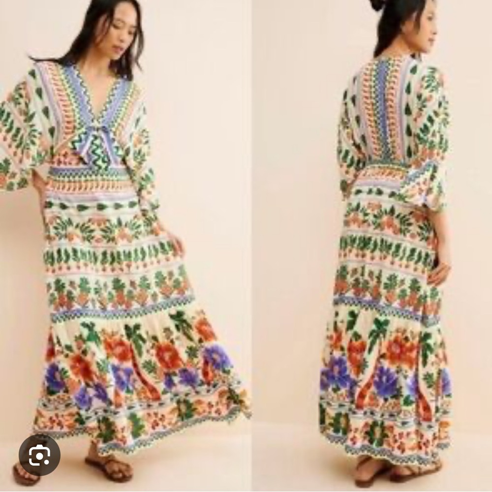 Floral V-Neck Maxi Dress in Cream and Multicolor